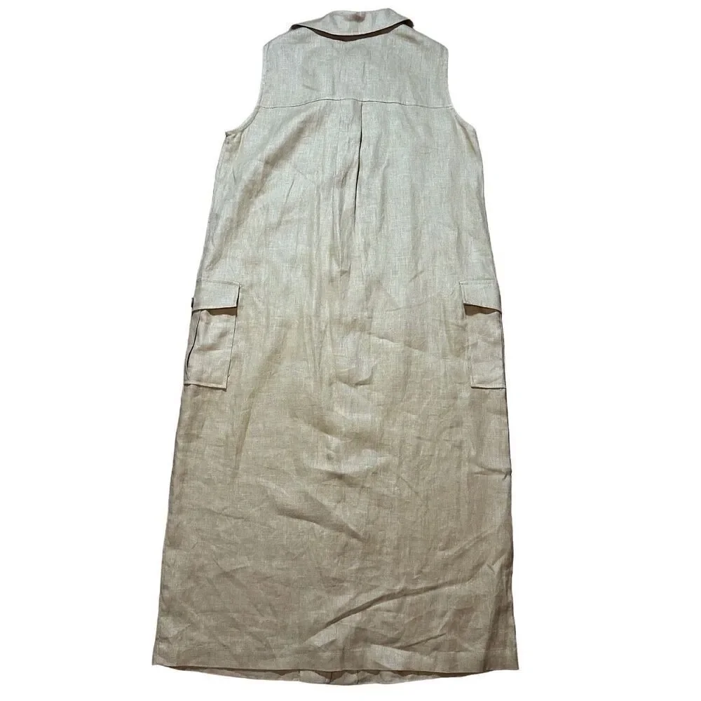 NEW adL womens linen button down midi dress cottage safari natural sz M in camel